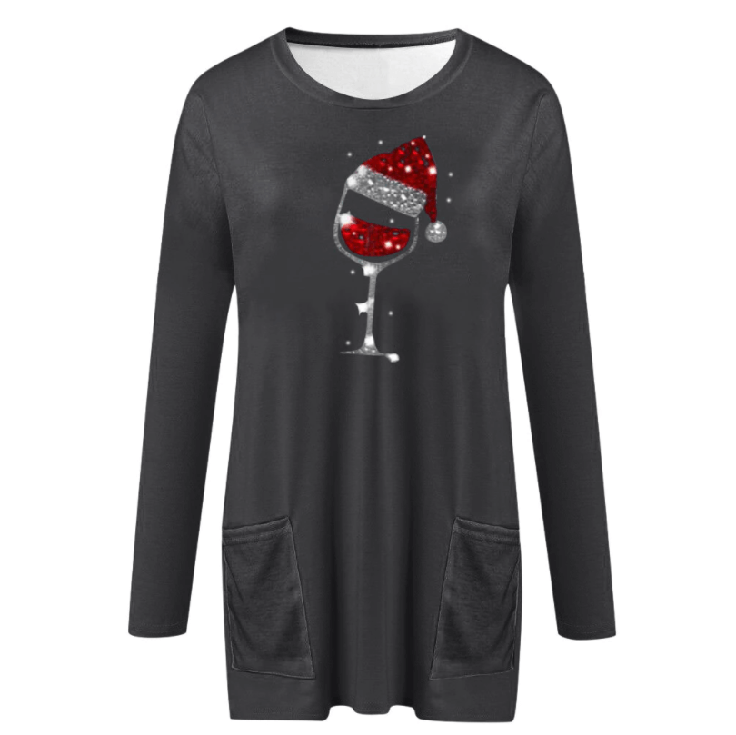 Pull décontracté pour femme avec motif verre de vin et bonnet de Noël