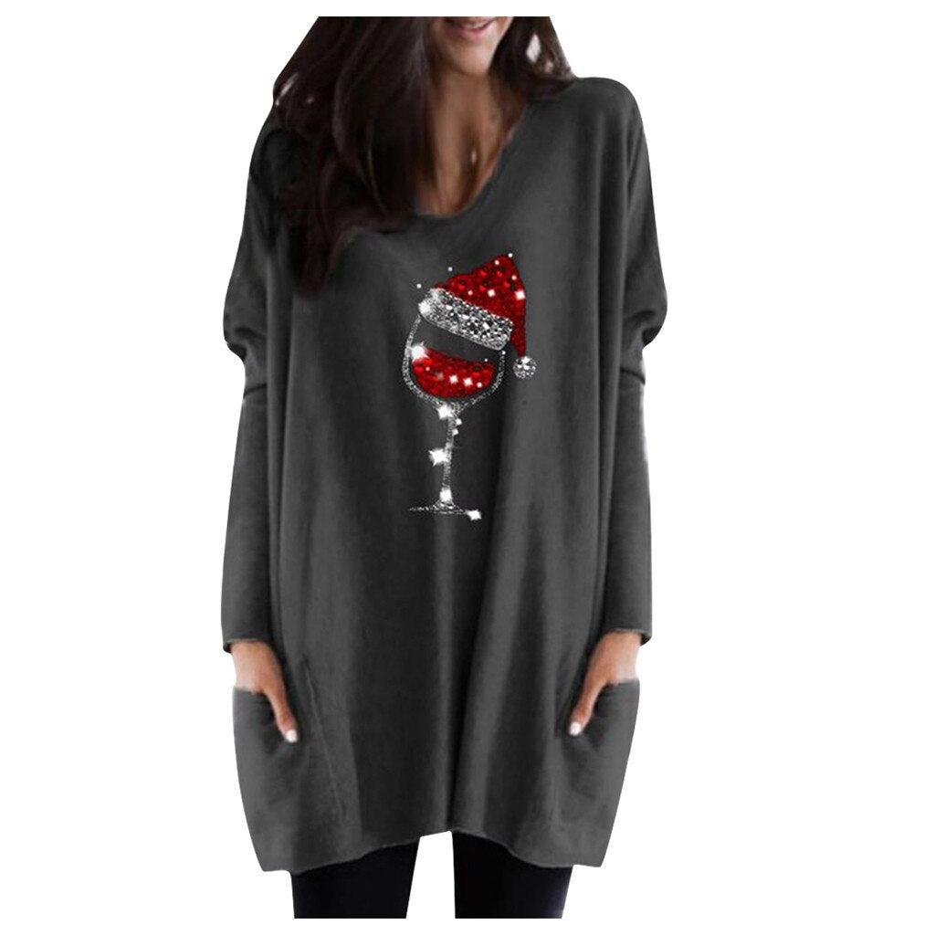 Pull décontracté pour femme avec motif verre de vin et bonnet de Noël