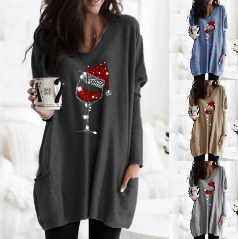 Pull décontracté pour femme avec motif verre de vin et bonnet de Noël