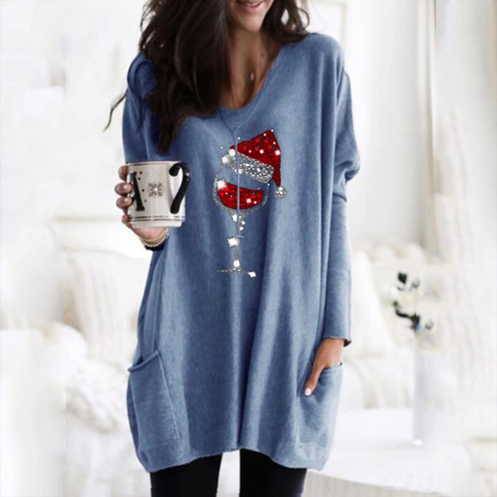 Pull décontracté pour femme avec motif verre de vin et bonnet de Noël