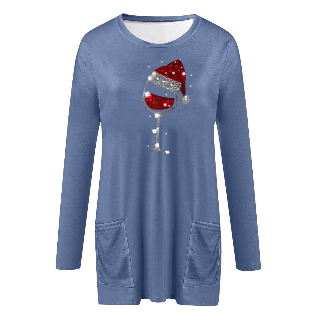 Pull décontracté pour femme avec motif verre de vin et bonnet de Noël