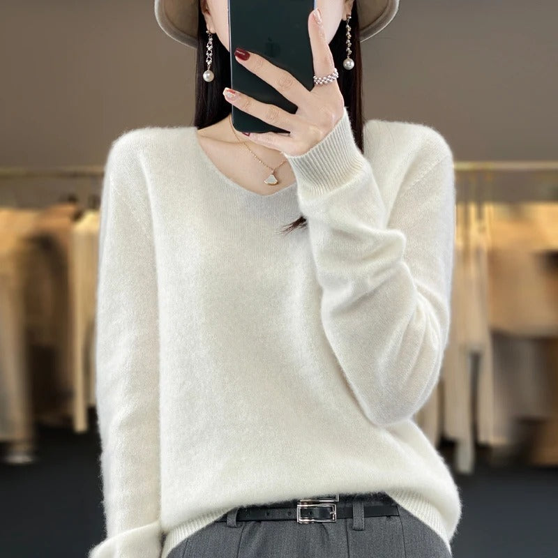 Pull en laine à col en V pour femme