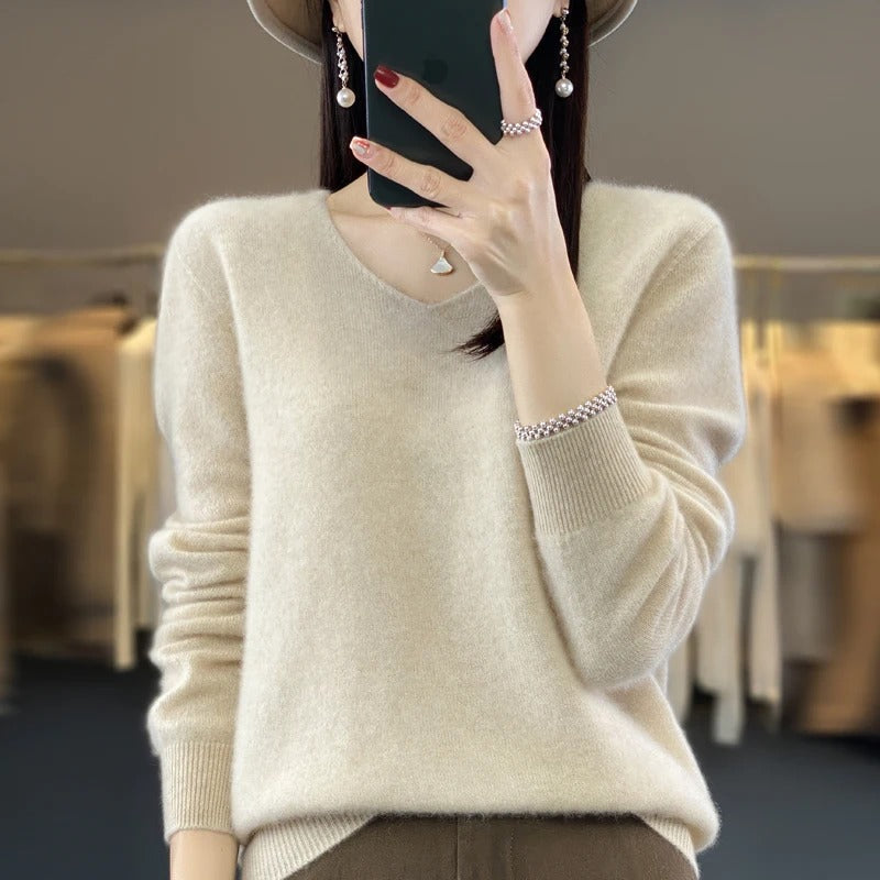 Pull en laine à col en V pour femme