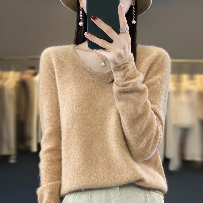 Pull en laine à col en V pour femme