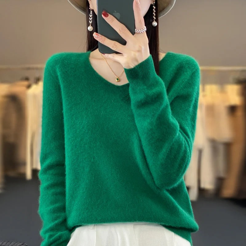 Pull en laine à col en V pour femme