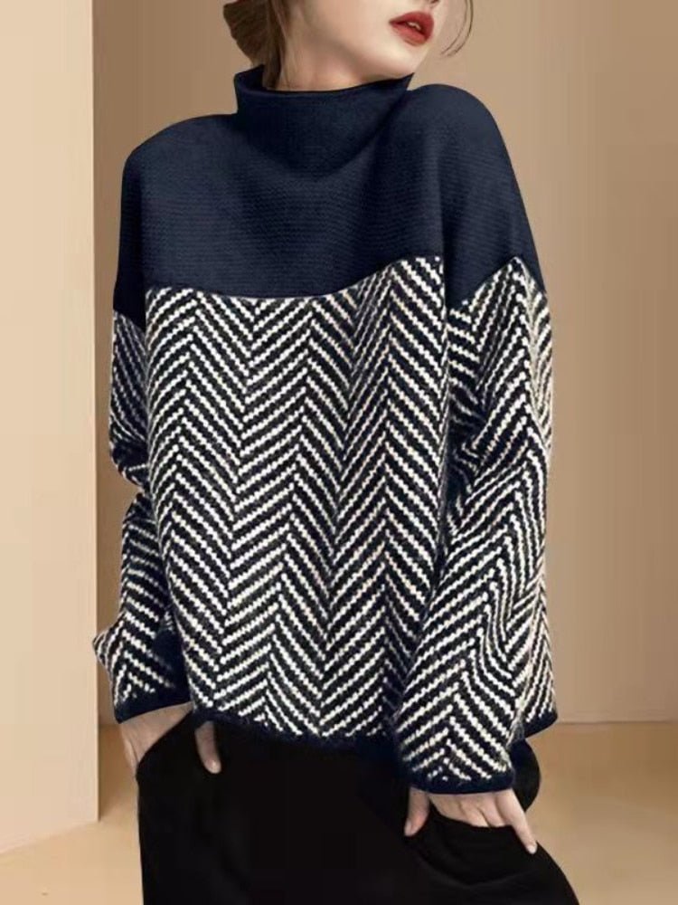 Pull en tricot à col roulé et design colorblock pour femme