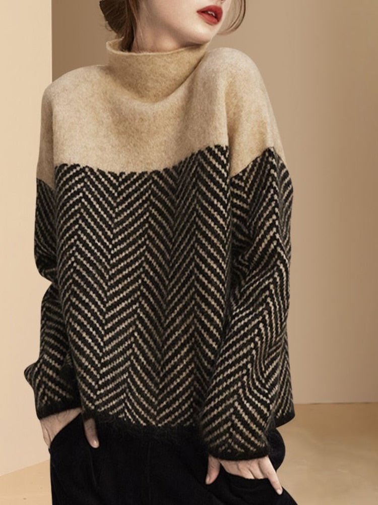 Pull en tricot à col roulé et design colorblock pour femme