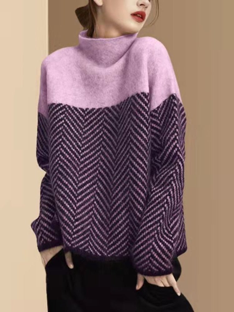 Pull en tricot à col roulé et design colorblock pour femme