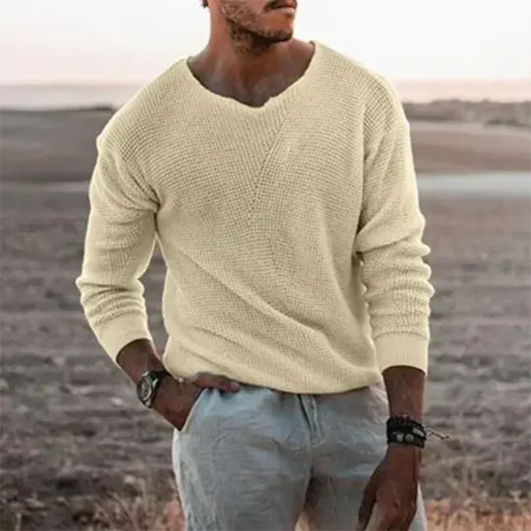 Pull en tricot décontracté à col en V et manches longues pour homme