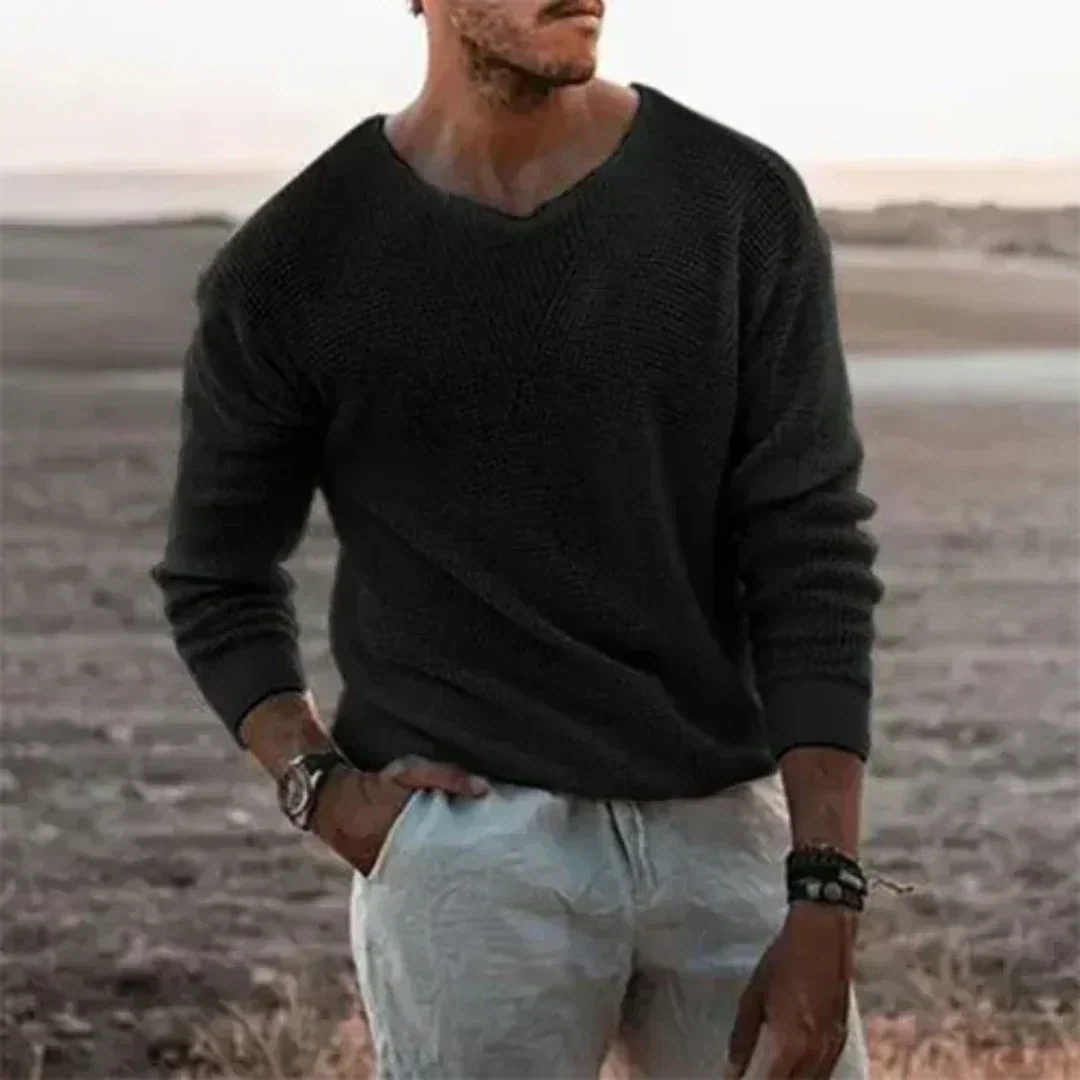 Pull en tricot décontracté à col en V et manches longues pour homme