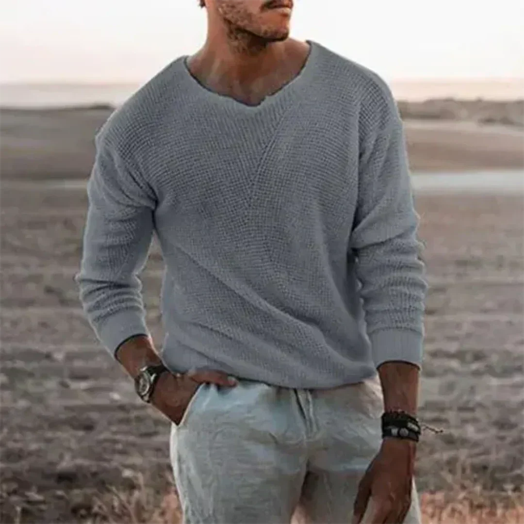 Pull en tricot décontracté à col en V et manches longues pour homme