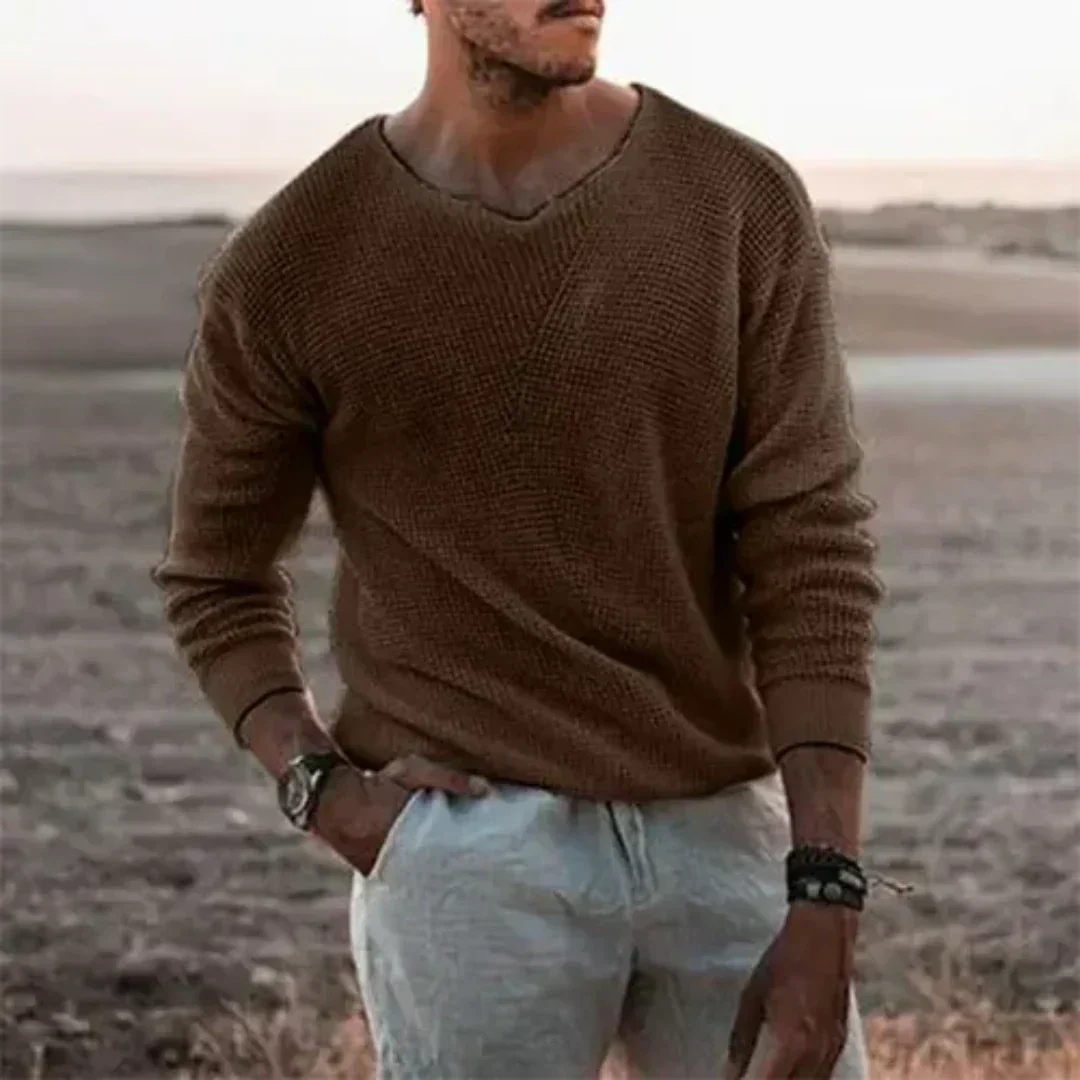 Pull en tricot décontracté à col en V et manches longues pour homme