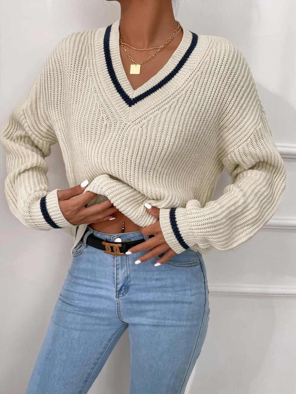 Pull rayé à col en V coupe ample pour femme