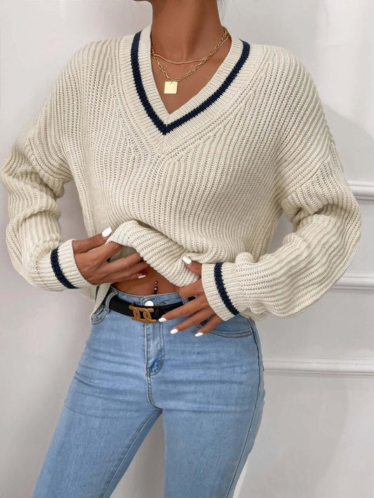 Pull rayé à col en V coupe ample pour femme