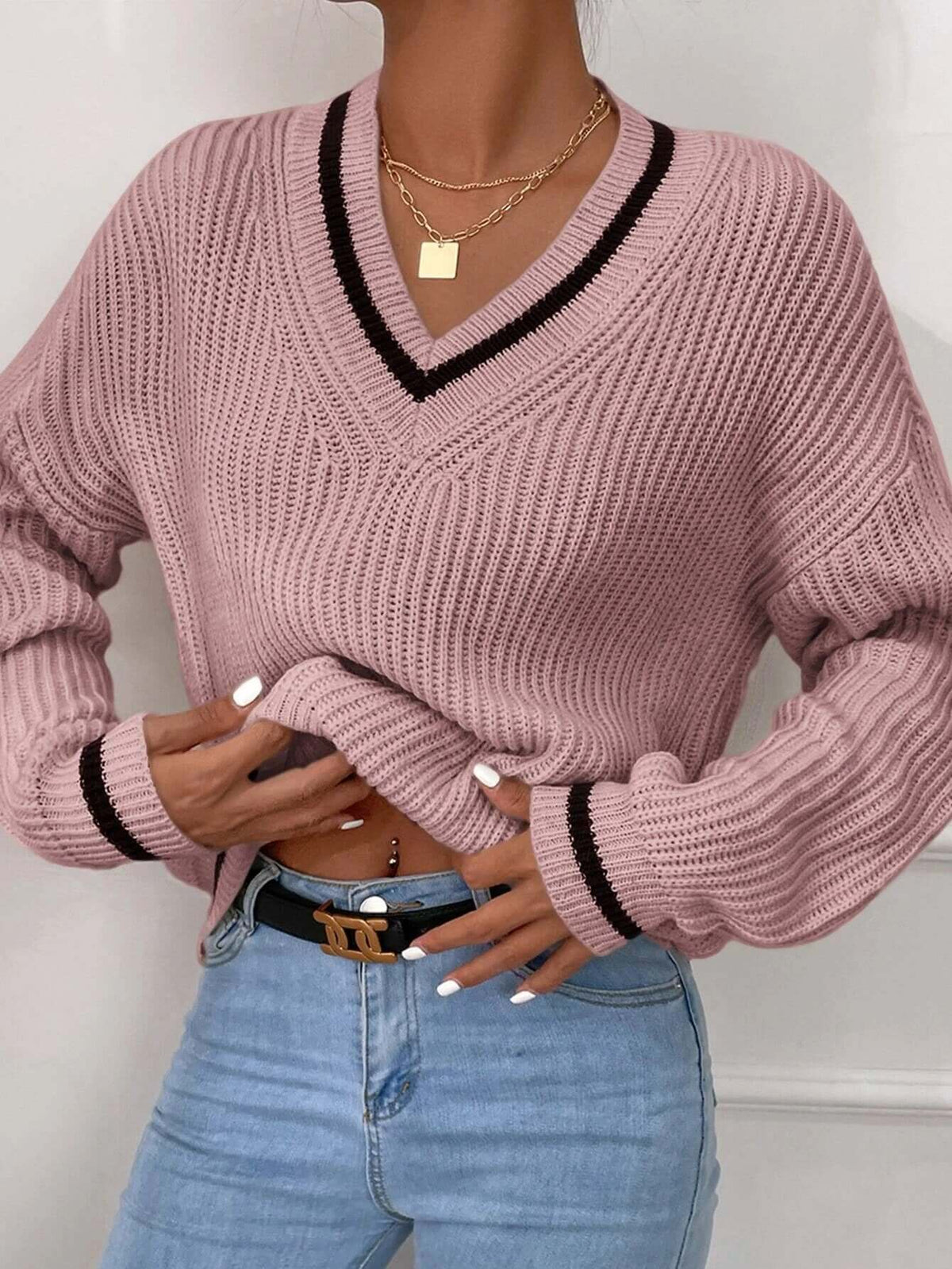Pull rayé à col en V coupe ample pour femme