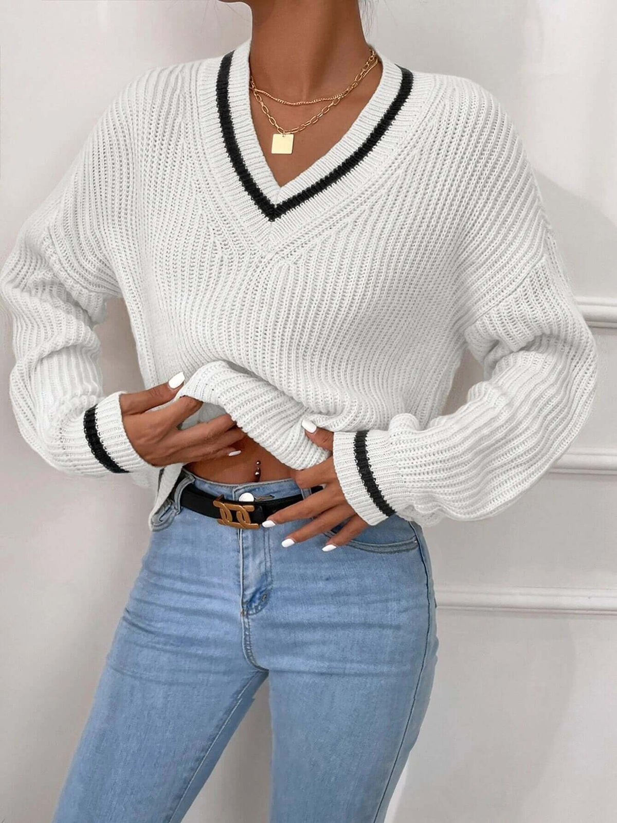 Pull rayé à col en V coupe ample pour femme