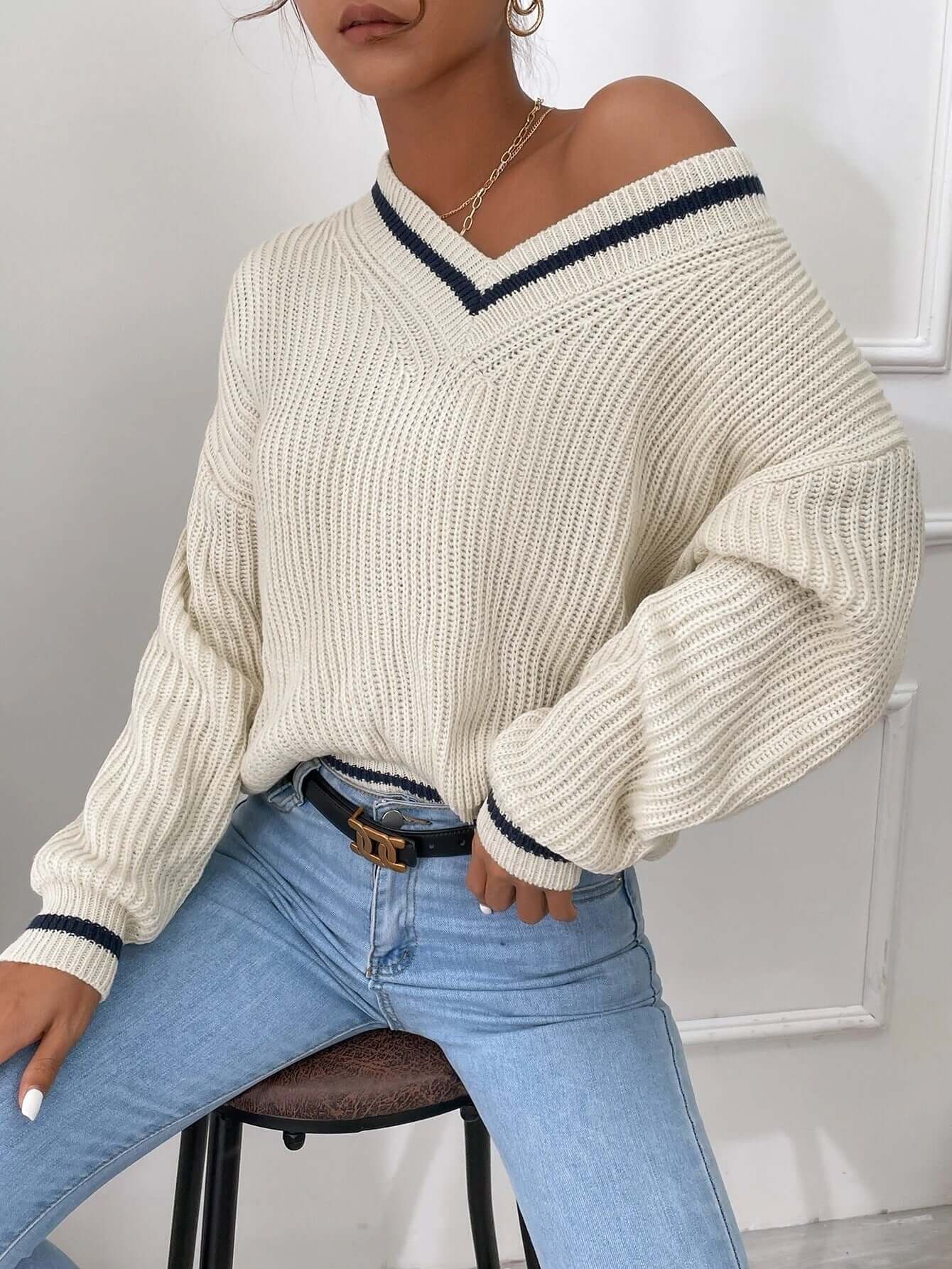 Pull rayé à col en V coupe ample pour femme