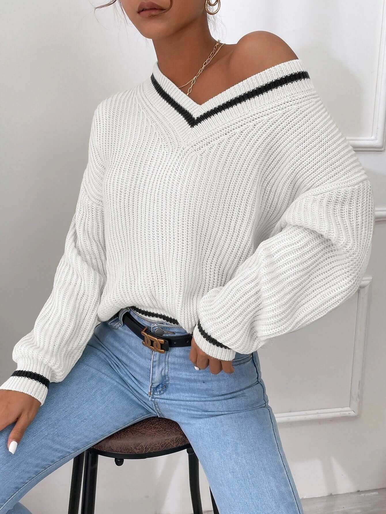 Pull rayé à col en V coupe ample pour femme