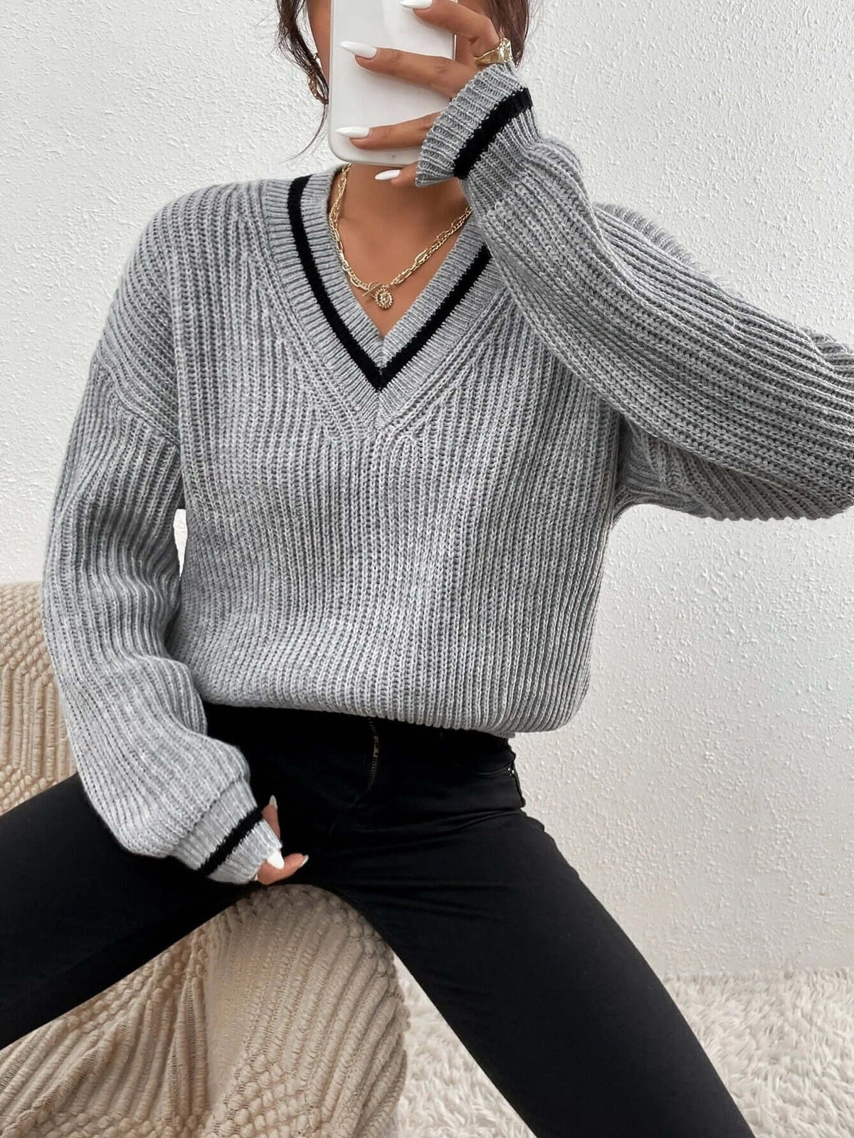 Pull rayé à col en V coupe ample pour femme