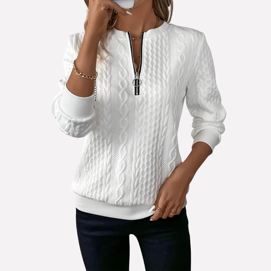 Pull tricoté à motif torsadé et col zippé pour femme
