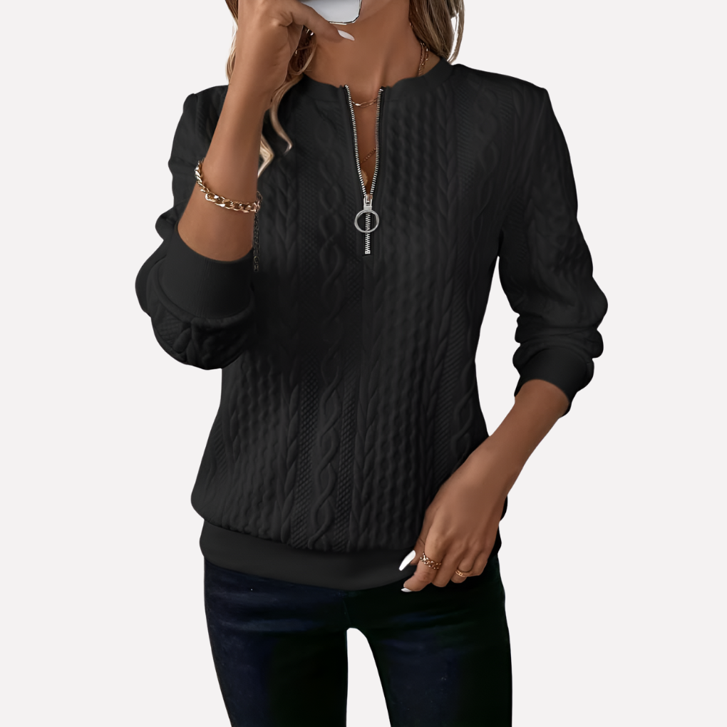 Pull tricoté à motif torsadé et col zippé pour femme