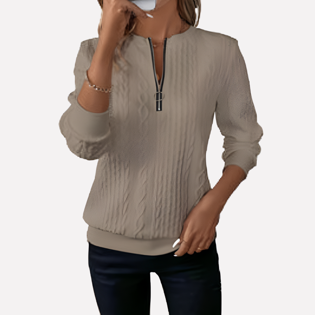 Pull tricoté à motif torsadé et col zippé pour femme
