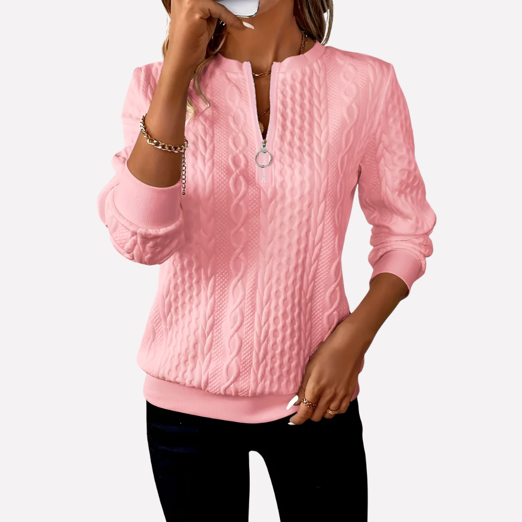 Pull tricoté à motif torsadé et col zippé pour femme