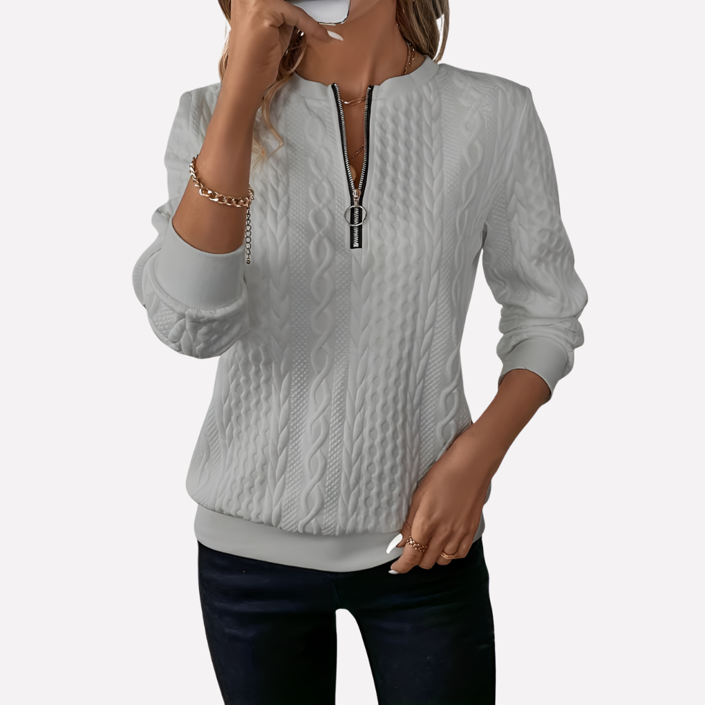 Pull tricoté à motif torsadé et col zippé pour femme