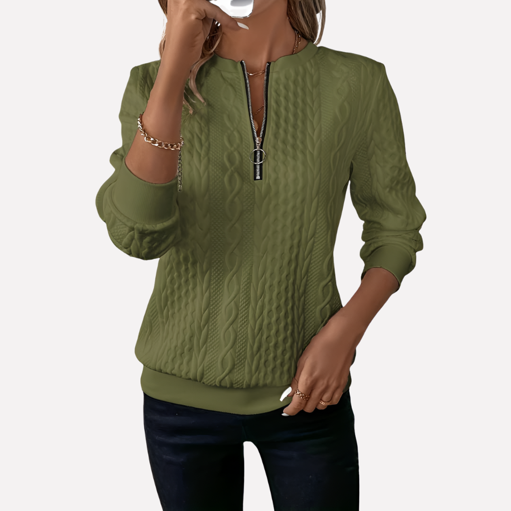 Pull tricoté à motif torsadé et col zippé pour femme
