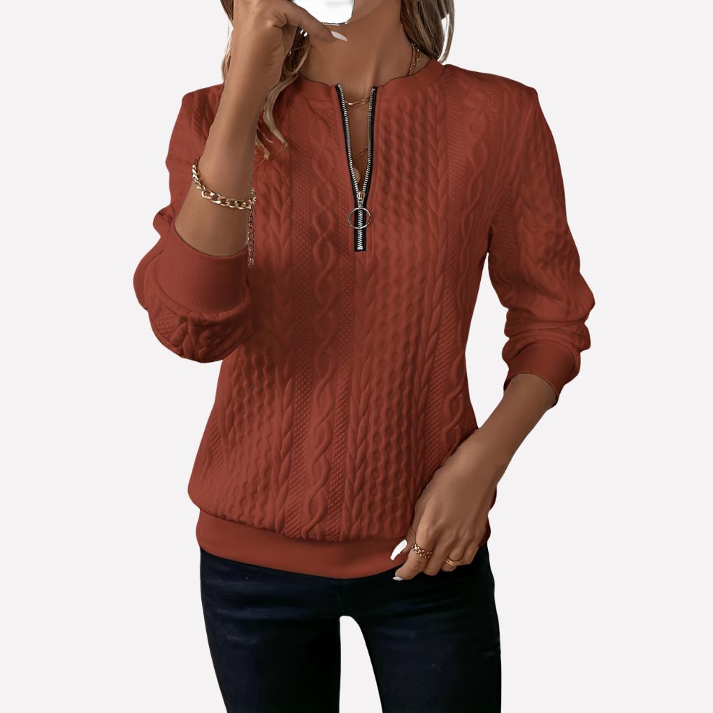 Pull tricoté à motif torsadé et col zippé pour femme