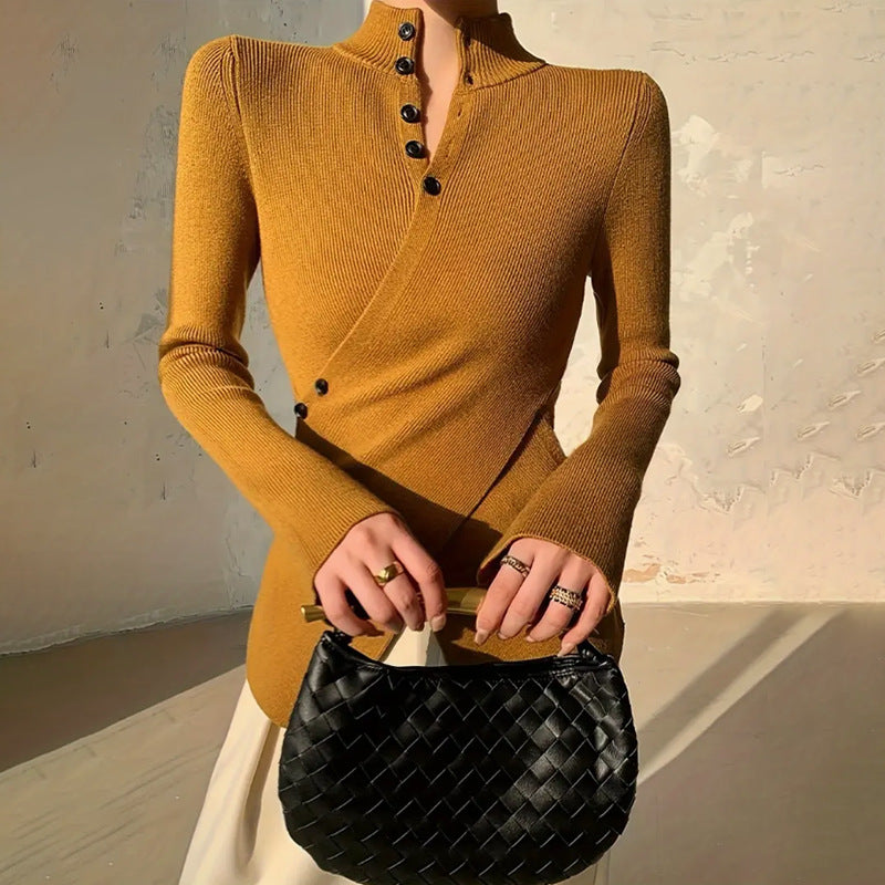 Pull tricoté croisé à demi-col montant pour femme
