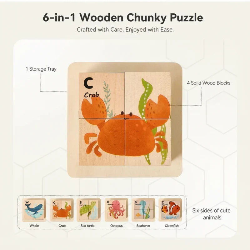 Puzzle en bois animaux Montessori 6-en-1