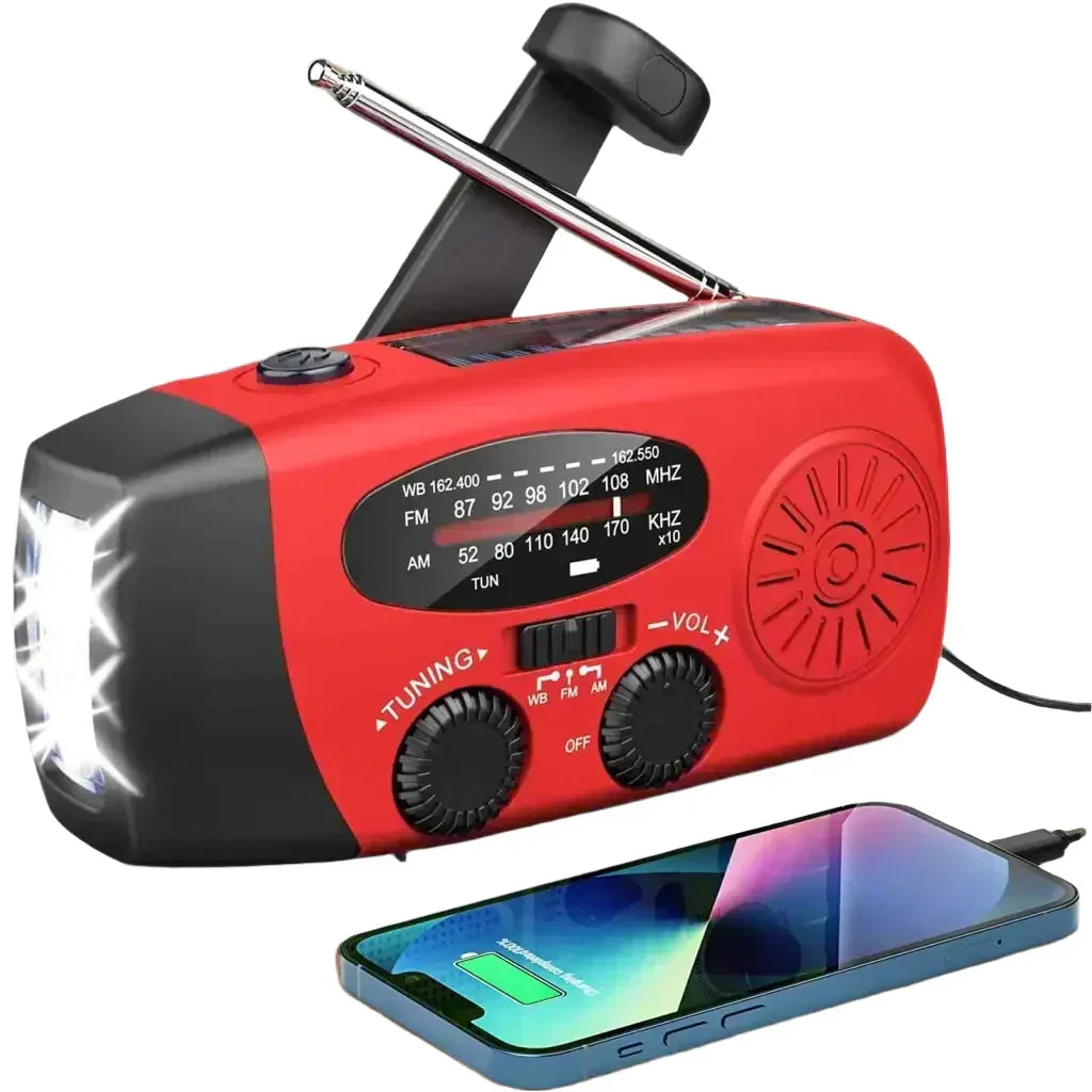 Radio d'urgence avec manivelle et panneau solaire