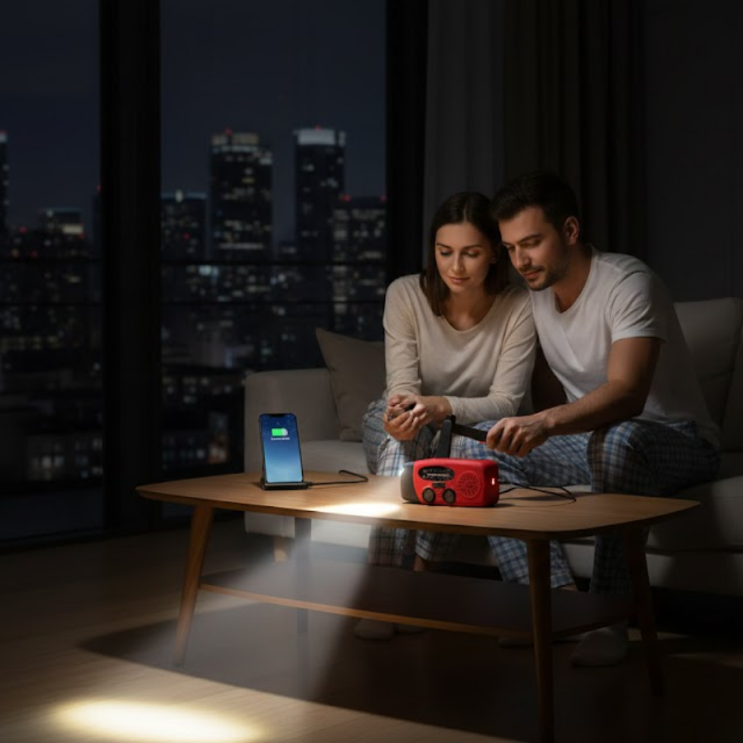 Radio d'urgence avec manivelle et panneau solaire