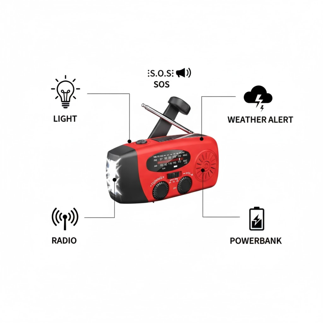 Radio d'urgence avec manivelle et panneau solaire