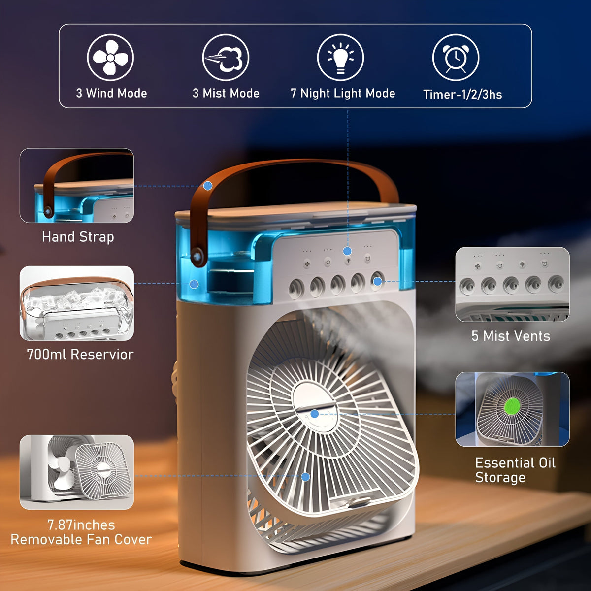 Rafraîchisseur d'air et humidificateur portable 3-en-1