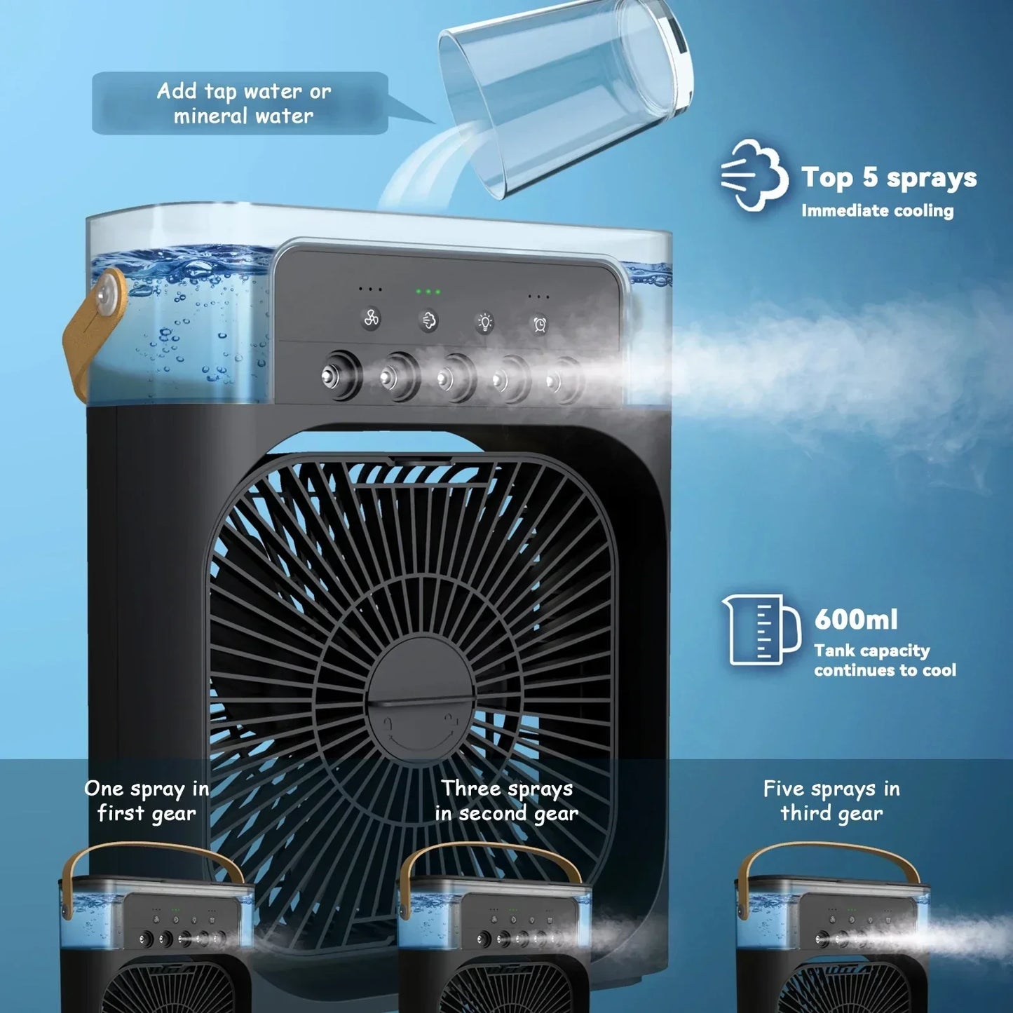 Refroidisseur d'air portable 3 en 1 avec humidificateur et veilleuse LED