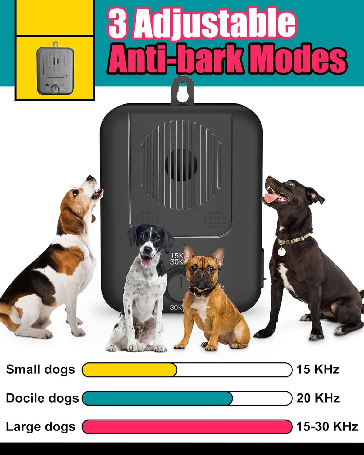 Répulsif à ultrasons rechargeable anti-aboiement pour chiens portée 15 mètres