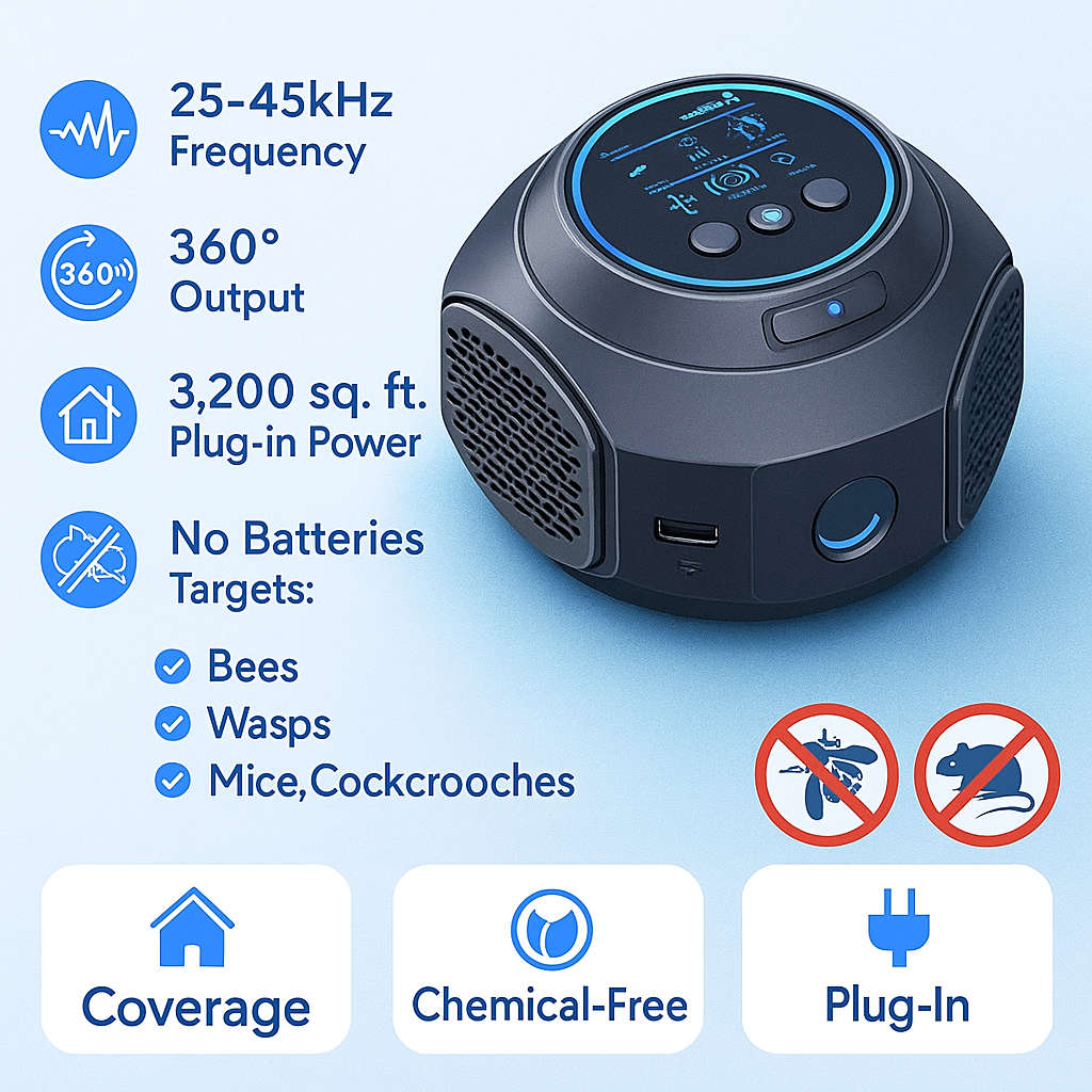Répulsif ultrasonique contre les abeilles et les guêpes sans produits chimiques avec couverture à 360° pour intérieur et extérieur