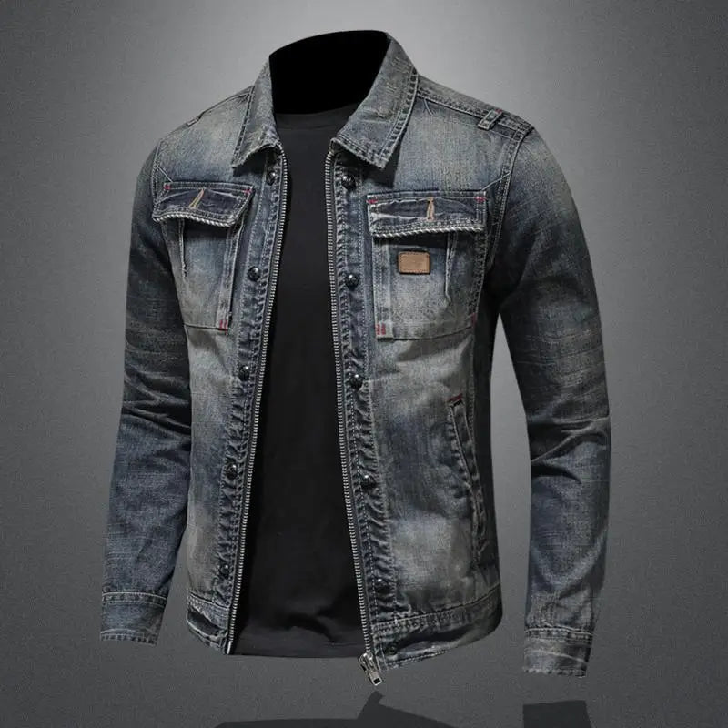 Retro Long Sleeve Denim Jacket with High Collar