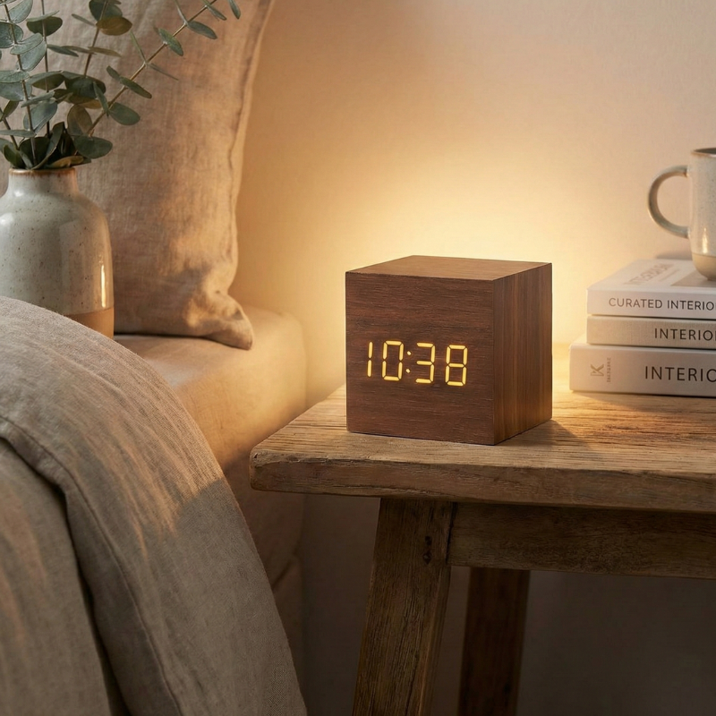 Réveil matin de table en bois avec simulation d'aube et écran LED