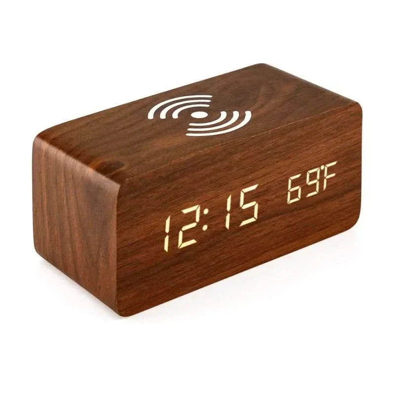 Réveil numérique en bois avec charge sans fil