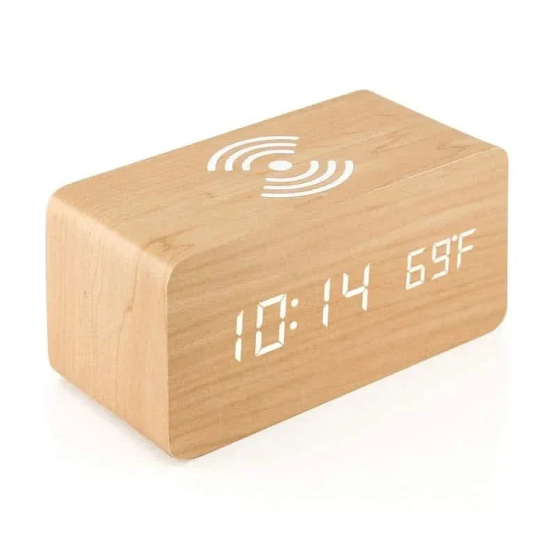Réveil numérique en bois avec charge sans fil