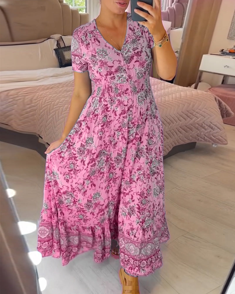 Robe à col en V et motif floral