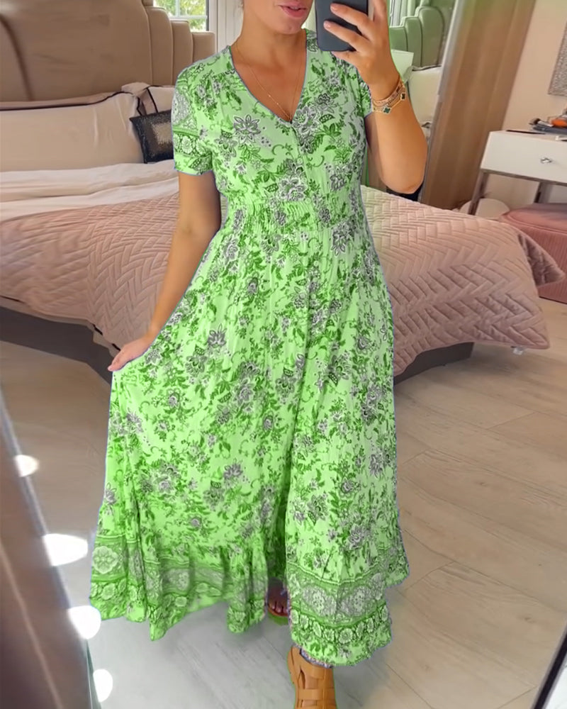 Robe à col en V et motif floral