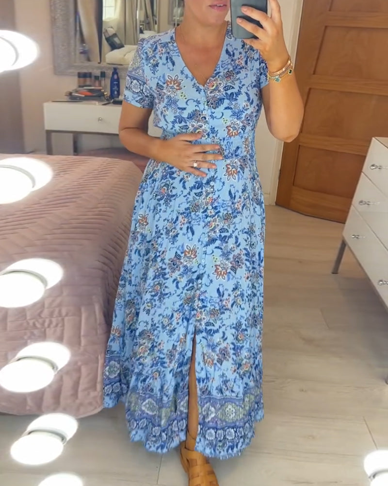 Robe à col en V et motif floral