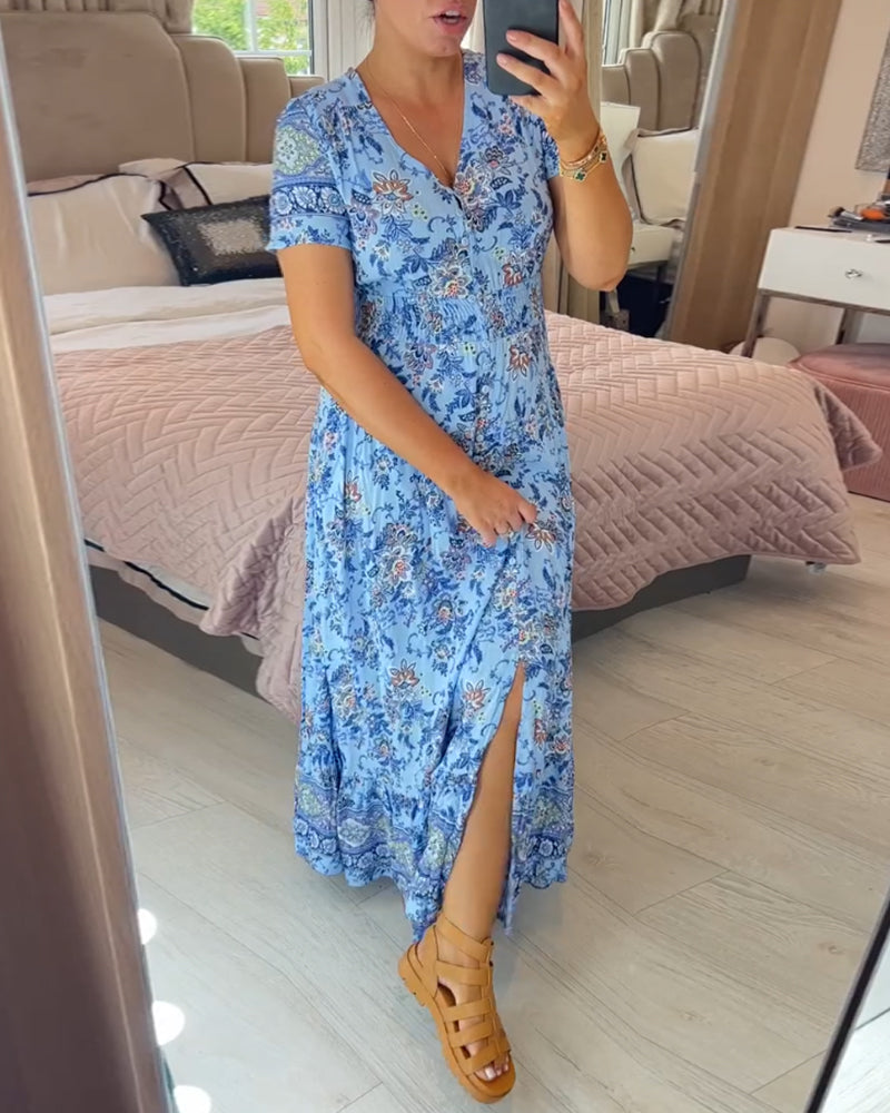 Robe à col en V et motif floral