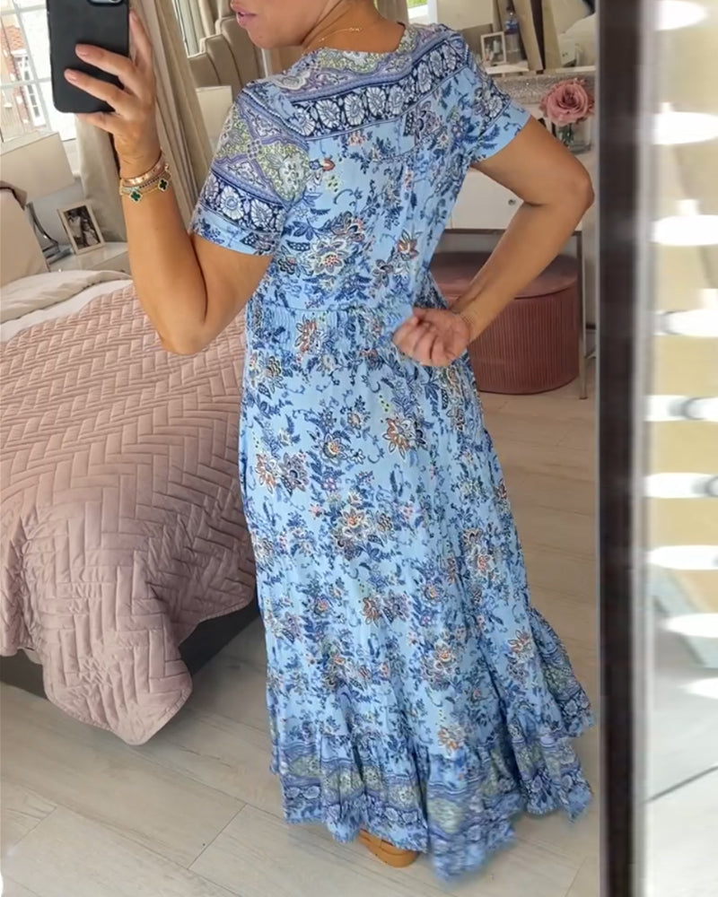 Robe à col en V et motif floral