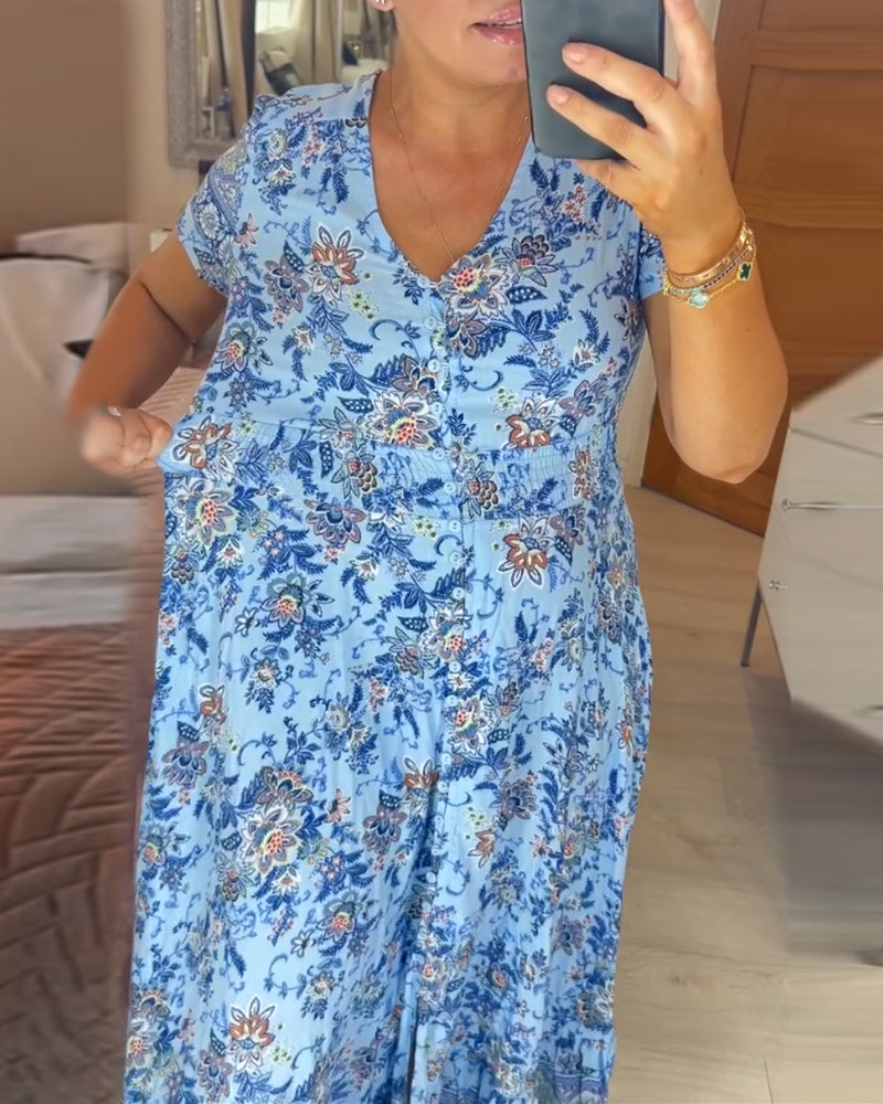 Robe à col en V et motif floral