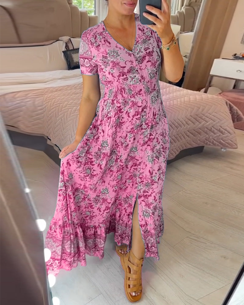 Robe à col en V et motif floral
